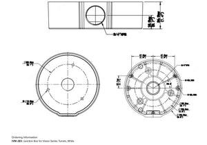 Technical drawing of IVM-JB3 white junction box for Vision Series Turrets showing detailed dimensions.