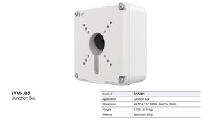 White IVM-JB8 Junction Box with dimensions, weight, and material specifications.